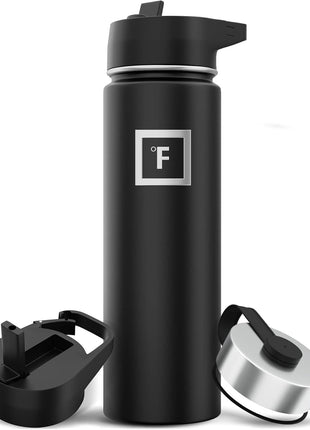 IRON °FLASK Camping & Hiking Hydration Flask with Straw, Wide Mouth Insulated Stainless Steel Sports Water Bottle - Midnight Black 24 oz - Straw (1 Lid)