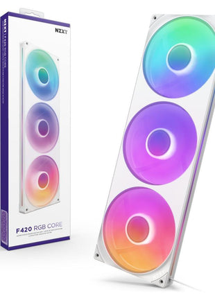 NZXT F420 RGB Core - 420mm Single-Frame RGB Fan Unit - White | 420mm single-frame unit with three 140mm RGB fans on one cable. Speed and lighting controlled through CAM.
