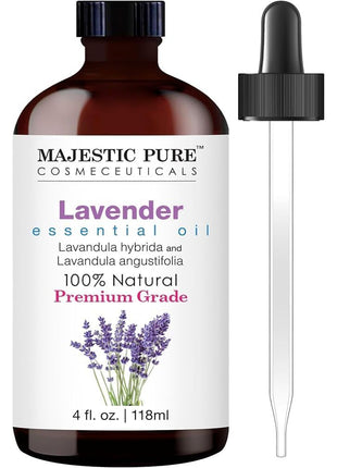 Majestic Pure Lavender Essential Oil with Glass Dropper   Huge 4 Fl Oz   100% Pure and Natural Lavender Oil   Premium Grade Essential Oils for Diffuser, Aromatherapy, Soap and Candle Making