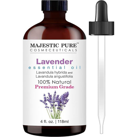 Majestic Pure Lavender Essential Oil with Glass Dropper   Huge 4 Fl Oz   100% Pure and Natural Lavender Oil   Premium Grade Essential Oils for Diffuser, Aromatherapy, Soap and Candle Making