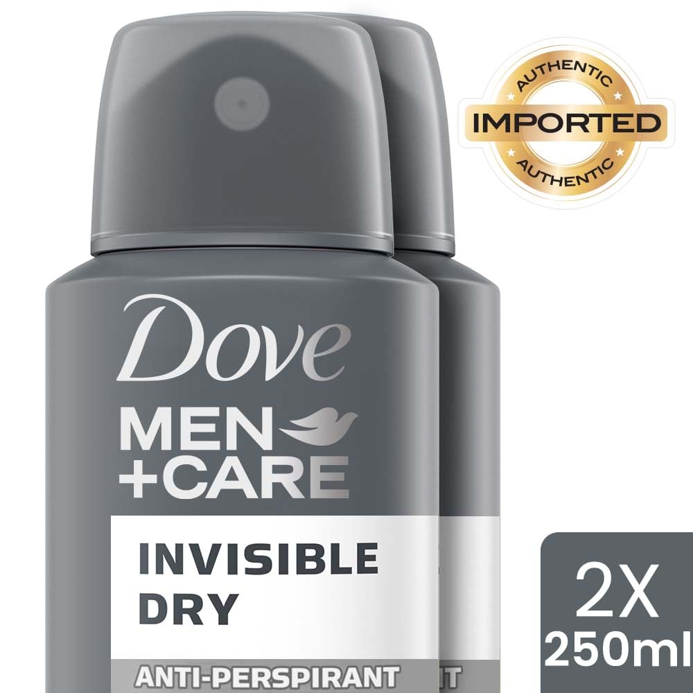 Dove Men+Care Invisible Dry Spray Antiperspirant Deodorant, Up To 48 hrs Protection From Sweat & Odour, Instantly Dry for Cleaner Feel & Leaves No White Marks or Stain, Soothes & Moisturises Skin, Warm, Oriental Scent, 250ml (Pack of 2)