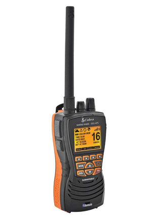 Cobra MR HH600FLTBTGPS Handheld Floating VHF Marine Radio – 6 Watt, GPS, Bluetooth, Submersible, Noise Cancelling Mic, Backlit LCD Display, Memory Scan, Grey
