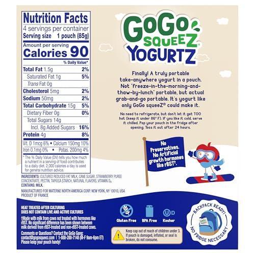 GoGo SqueeZ YogurtZ Strawberry, Kids Snacks Made from Real Yogurt & Fruit, Pantry Friendly Snack, No Fridge Needed, No Preservatives, Kosher Certified, Gluten Free, 3 Oz, 4 Pack