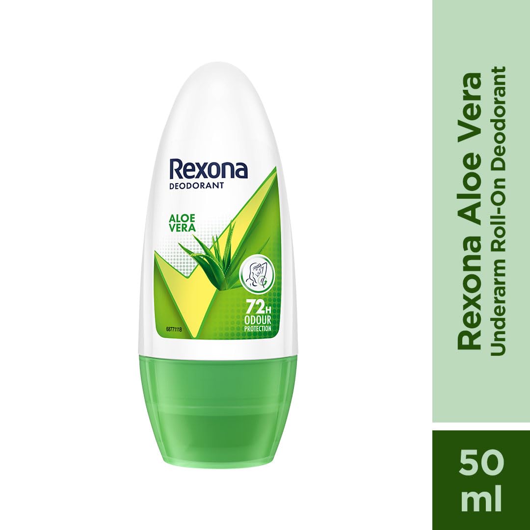 Rexona Aloe Vera Underarm Roll On Deodorant For Women, Antiperspirant, Removes Odour, Keeps Skin Fresh & Clean, Alcohol Free, Skin Friendly, 50 ml