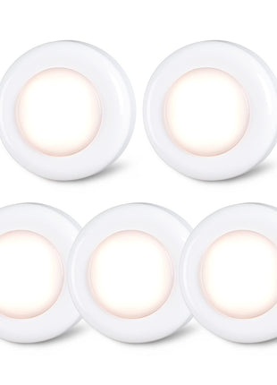 STAR-SPANGLED 2.8" LED Puck Lights Under Cabinet AAA Battery, 5 Pack Warm | Mini DIY Adhesive Stick on Touch Push Tap Button Lamp AAA Battery Powered Operated for Kitchen Closet Pantry Classroom Shelf