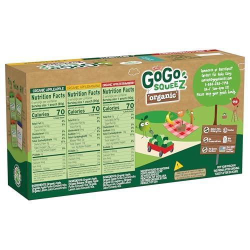 GoGo squeeZ Organic Applesauce and Fruit Puree, Variety Pack, Apple, Strawberry & Banana, 3.2 oz (Pack of 12), Unsweetened Organic Fruit Snacks for Kids, No Gluten, Nut & Dairy, BPA Free Pouches