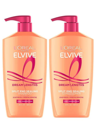 L'Oreal Paris Elvive Dream Lengths Shampoo and Conditioner Set, Seals Split Ends, Hydrating & Strengthening Hair Repair, Fine Castor Oil and Vitamins B3 and B5, 56 Fl Oz Set