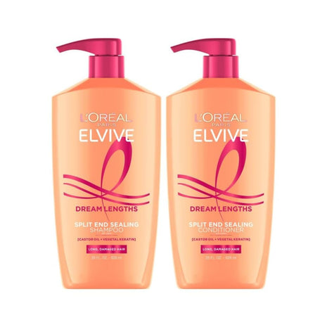 L'Oreal Paris Elvive Dream Lengths Shampoo and Conditioner Set, Seals Split Ends, Hydrating & Strengthening Hair Repair, Fine Castor Oil and Vitamins B3 and B5, 56 Fl Oz Set