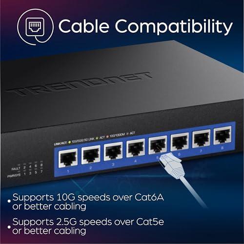 TRENDnet 8-Port 10G Switch, TEG-S708, 8 x 10G RJ-45 Ports, 160Gbps Switching Capacity Rack mountable, Ethernet Splitter, NDAA & TAA Compliant, Lifetime Protection, Black