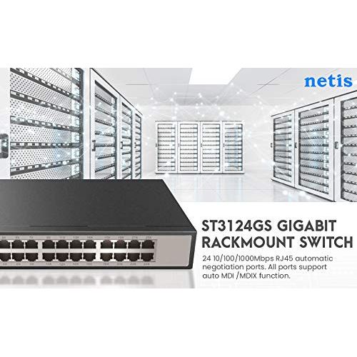 Netis 24 Port Unmanaged Gigabit Switch, Desktop Ethernet Splitter, Ethernet Hub, Plug and Play, Fanless Quite, Traffic Optimization, Sturdy Metal, Rack mountable with Included mounting Bracket