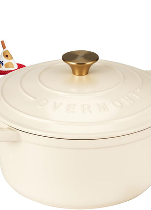 Overmont Enameled Cast Iron Dutch Oven - 5.5QT Pot with Lid Cookbook & Cotton Potholders - Heavy-Duty Cookware for Braising, Stews, Roasting, Sourdough Baking Cream White