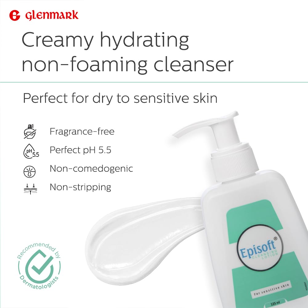 Glenmark Episoft Cleansing Lotion for Sensitive & Dry Skin I Cleanser for face | Gentle Cleanser removes Excess oil I Moisturises and Makes Skin Soft and Glowing I Makeup cleanser I Free of SLS & Paraben | 125ml