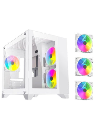 DIYPC ARGB-Q3.R2-W White USB3.0 / Type C Tempered Glass Micro ATX Gaming Computer Case w/Dual Tempered Glass Panel and 3 x ARGB Fans (Pre-Installed)