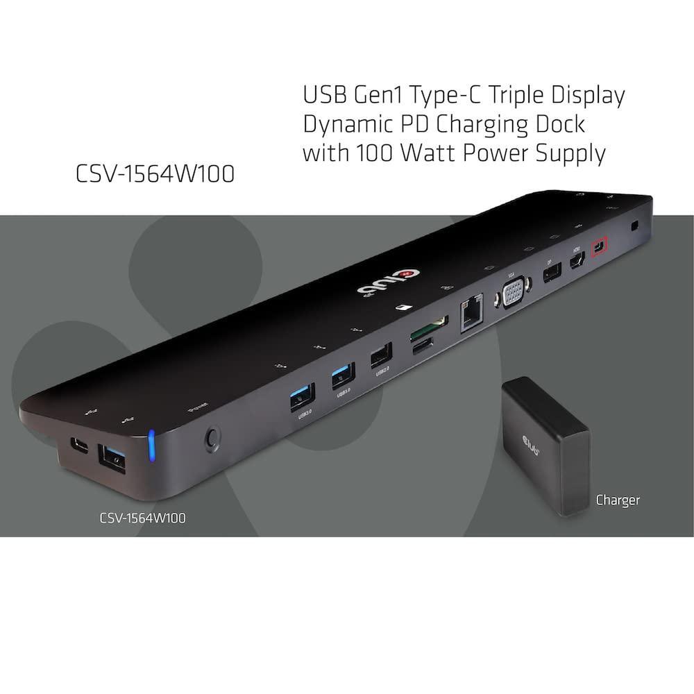 Club 3D CSV-1564W100 USB Gen1 Type-C Triple Display DP1.2 Alt Mode Smart PD3.0 Charging Dock with 100 Watt Power Supply