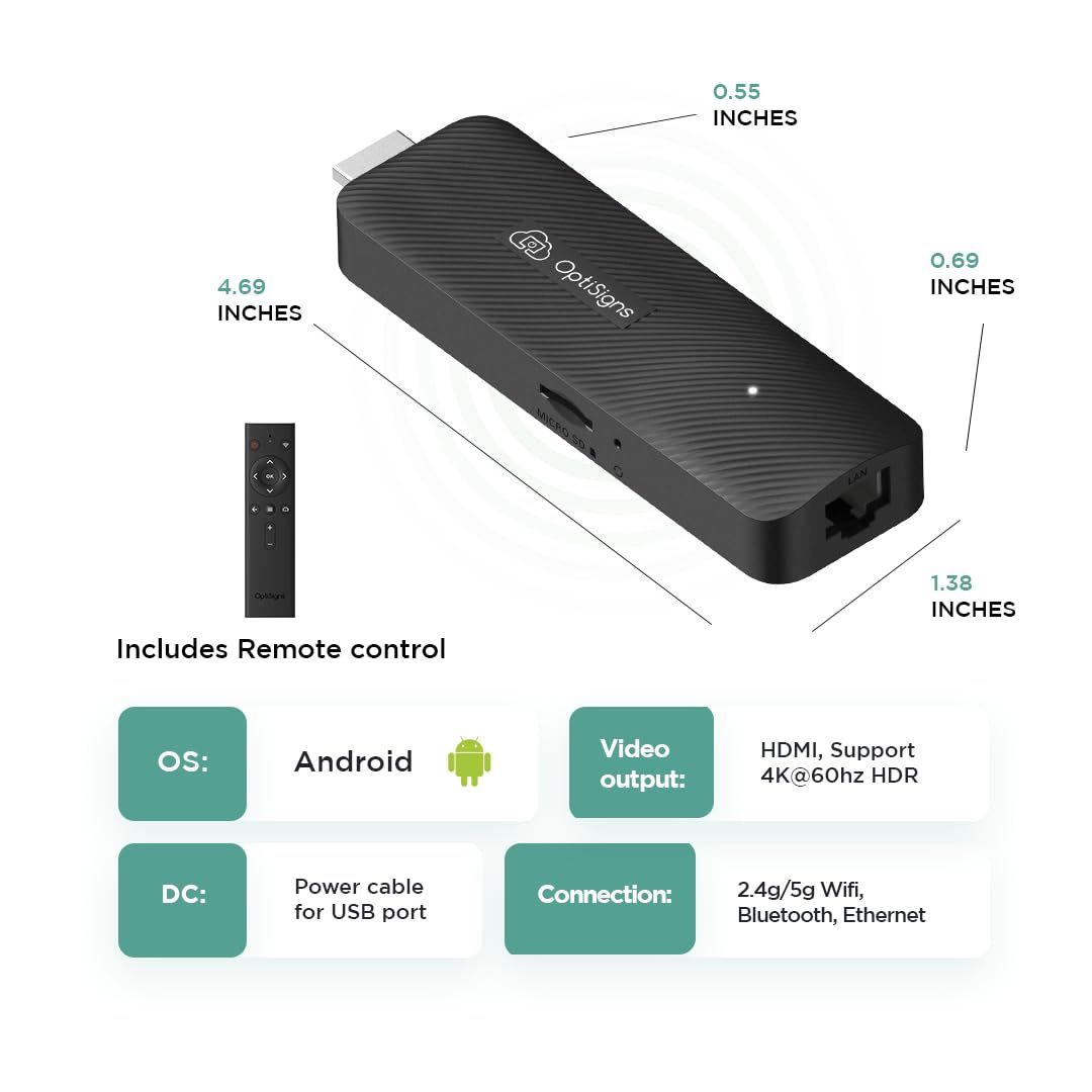 OptiSigns OptiStick Digital Signage Player - Android-Based 4K UHD HDMI Stick, Quad Core, WiFi/Ethernet, Remote Screen Management