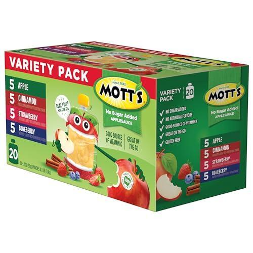 Mott's No Sugar Added Applesauce Variety Pack, 4 Flavors – Apple, Strawberry, Cinnamon & Blueberry, Made from Real Fruit, No Artificial Flavors, 3.2 Clear Pouches, 20 Pack