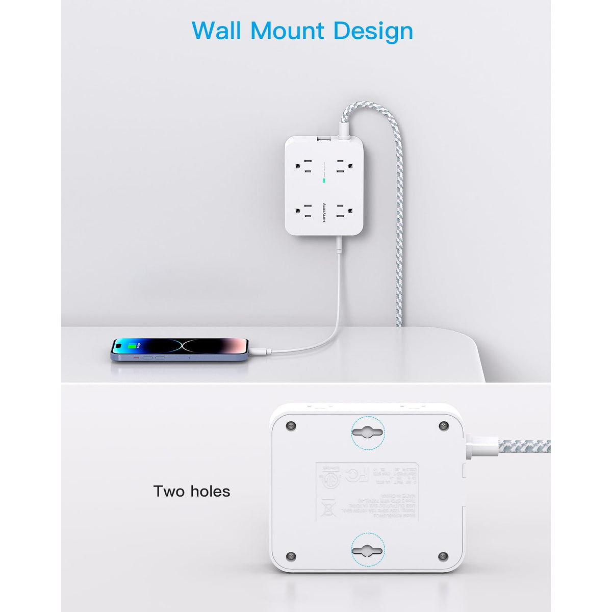 Surge Protector Power Strip - HANYCONY 8 Outlets 4 USB (2 USB C) Charging Ports, Multi Plug Outlet Extender, 5Ft Braided Extension Cord, Flat Plug Wall Mount Desk Charging Station for Home Office ETL