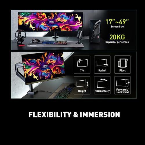 MSI MAG MT201 - Premium Heavy Duty Single Monitor Stand Arm, Supports 17-49" Screens and 44 lbs, VESA Compatible, Adjustable Spring Assisted Mount, Clamp & Grommet, Quick Release Plate - Black