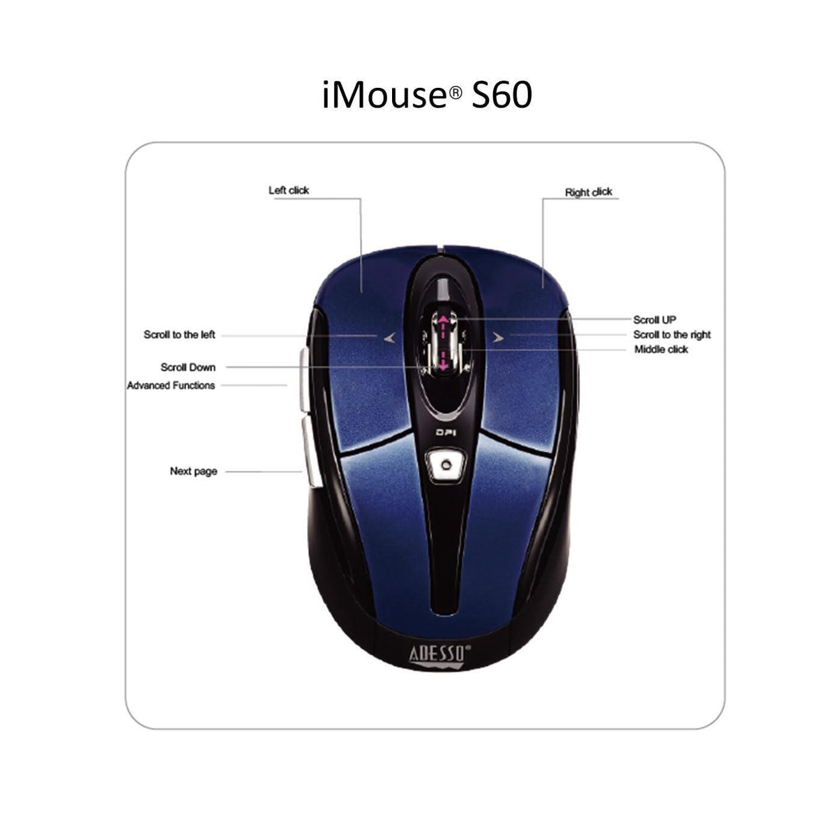 Adesso iMouse S60 Wireless Optical Mouse with 24 GHz RF Technology, Programmable Driver, Tilt-Wheel Scrolling, and Magnetically Storable Receiver (Blue)