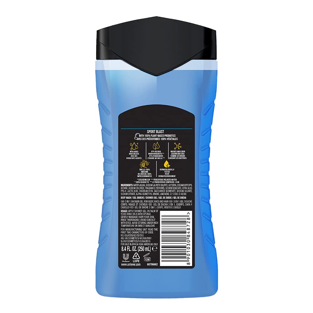 Axe Sports Blast 3 In 1 Body, Face & Hair Wash For Men, Long-Lasting Refreshing & Energizing Citrus Fragrance For Up To 12Hrs, Removes Odor & Bacteria, No Parabens, Dermatologically Tested, 250Ml