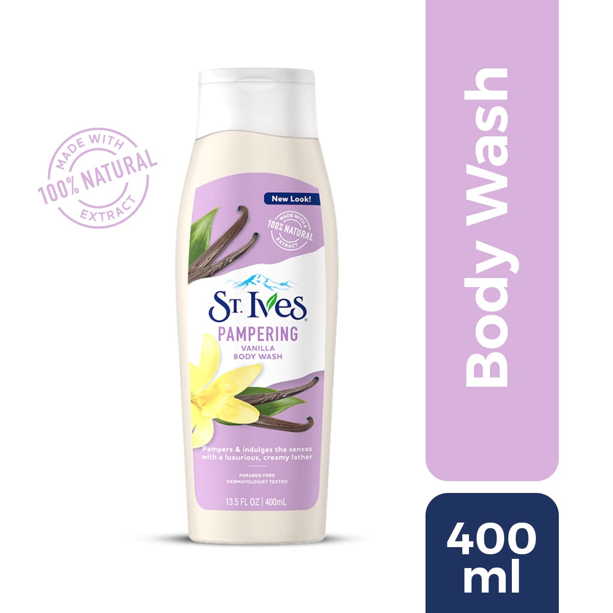 St. Ives Pampering Body Wash & Shower Gel with Vanilla, Pampers & Gives Silky Smooth Skin, Mild Cleanser moisturising Liquid Body Wash with 100% Natural Extracts, Paraben-Free Bath Gel, Dermatologically Tested, 400ml