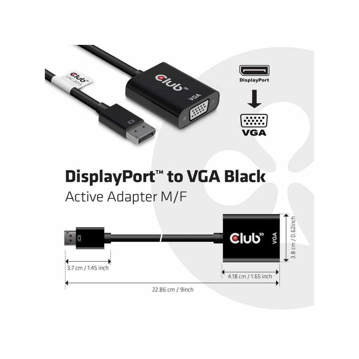 Club3D DisplayPort 1.1A Male to VGA Female Active Adapter Black Adapters