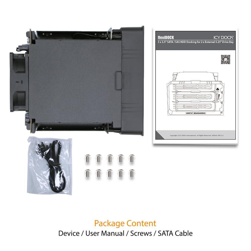 ICY DOCK Hot Swap 3 Bay 3.5 Inch SATA/SAS HDD Docking Enclosure Mobile Rack in 2 x 5.25 Inch Drive Bay (Include 3X SATA Cables) | flexiDOCK MB830SP-B