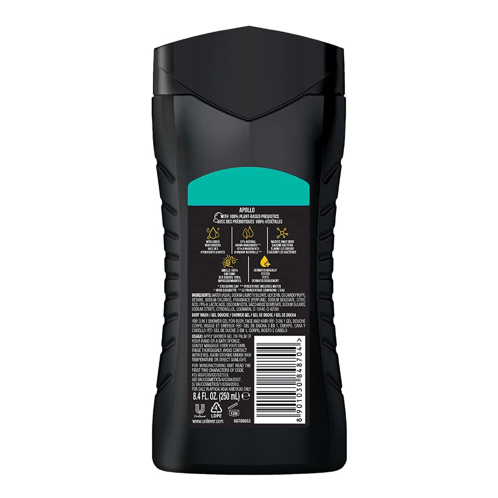 Axe Apollo 3 In 1 Body, Face & Hair Wash for Men, Long-Lasting Refreshing Sage & Cedarwood Fragrance for Up To 12hrs, Natural Origin Ingredients, No Parabens, Dermatologically Tested, 250ml