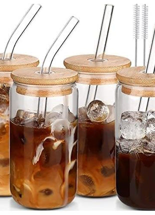DWTS DANWEITESI Glass Cups with Lids and Straws 4 pcs,16oz Drinking Glasses Set for Coffee Bar Accessories,Iced Coffee Cups with Lids,Matcha Cup Glass Tumbler Reusable for Gifts