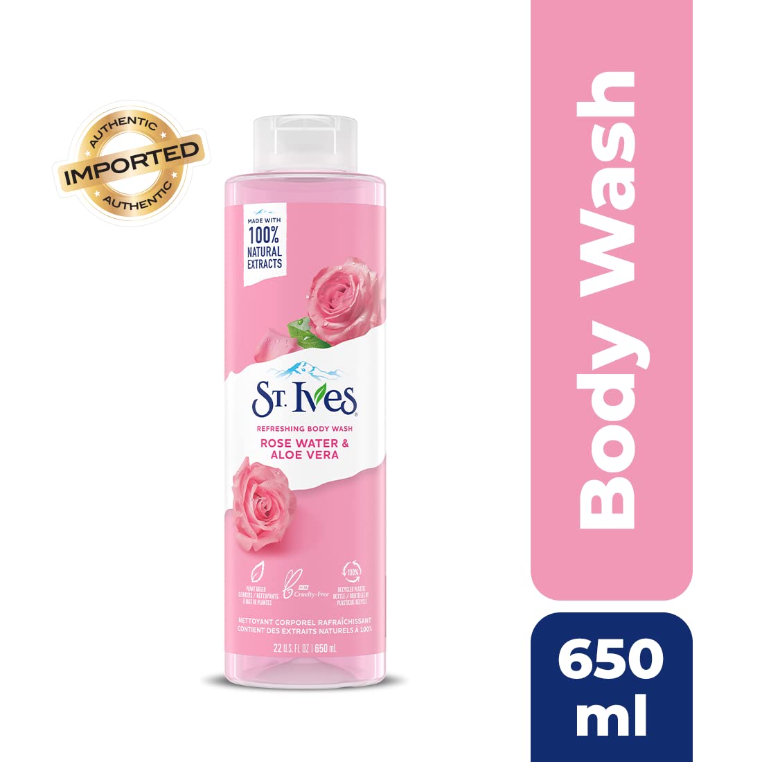 St. Ives Unilever Refreshing Cleanser Rose Water & Aloe Vera Body Wash|Shower Gel For Women| 100% Natural Extracts|Cruelty Free|Paraben Free |650Ml, Transparent