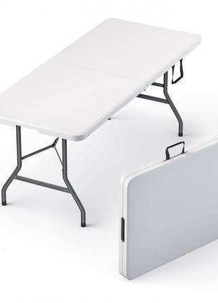 6 Feet Foldable Table with Built in Handle & Steel Legs | 6FT Heavy Duty Folding Portable | Perfect for Party, Dining, Wedding, Events, Picnic Indoor, Outdoor, Camping, Utility, Folding - 6 Foot