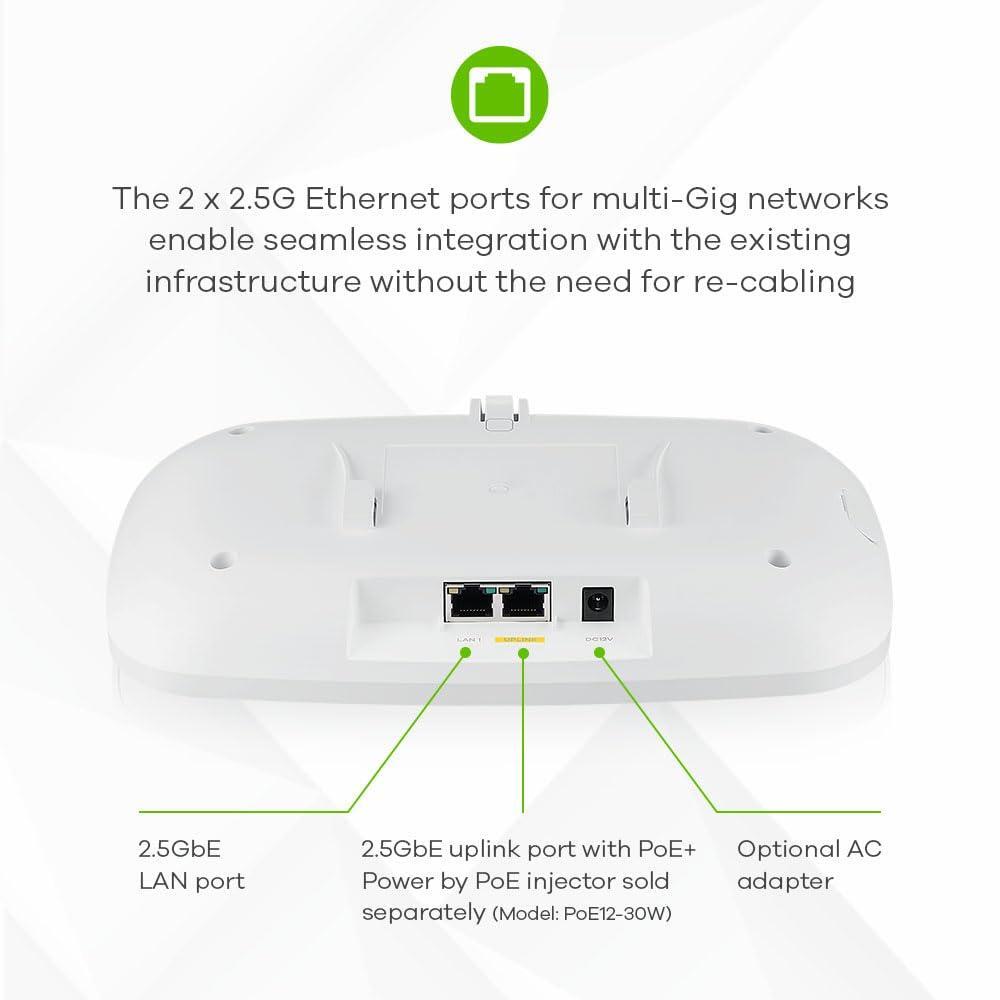 Zyxel WiFi 7 BE11000 Wireless MultiGig Pro Access Point | 2 x 2.5Gb Ethernet | Tri-Band Operation | Mesh and PTP Bridge | Cloud, App, Direct or Controller Management | POE+ | NWA130BE