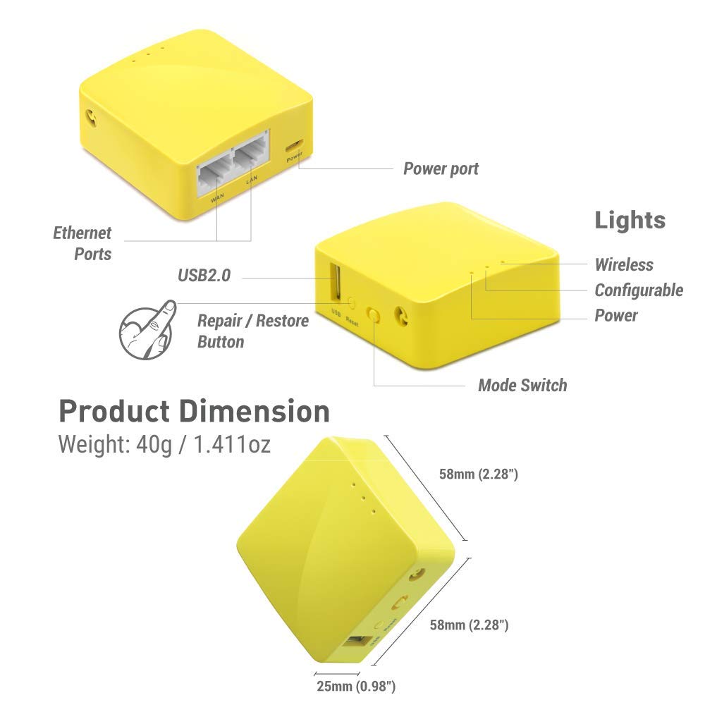GL.iNet GL-MT300N-V2 (Mango) Portable Mini Travel Wireless Pocket VPN WiFi Router - 2X Ethernet Ports | USB 2.0 | OpenWrt | OpenVPN/Wireguard for Public & Hotel Wi-Fi | Easy to Set up via Admin Panel