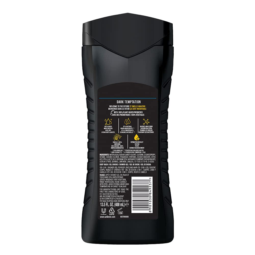 Axe Dark Temptation 3 In 1 Body, Face & Hair Wash for Men, Long-Lasting Refreshing Dark Chocolate Fragrance Natural Origin Ingredients, Removes Odor & Bacteria, Dermatologically Tested, 400ml