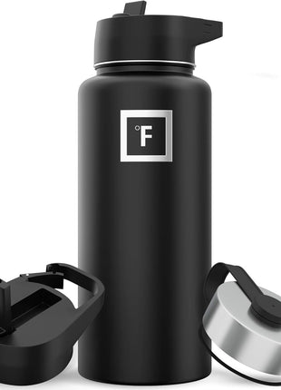 IRON °FLASK Camping & Hiking Hydration Flask with Straw, Wide Mouth Insulated Stainless Steel Sports Water Bottle - 32 oz Midnight Black
