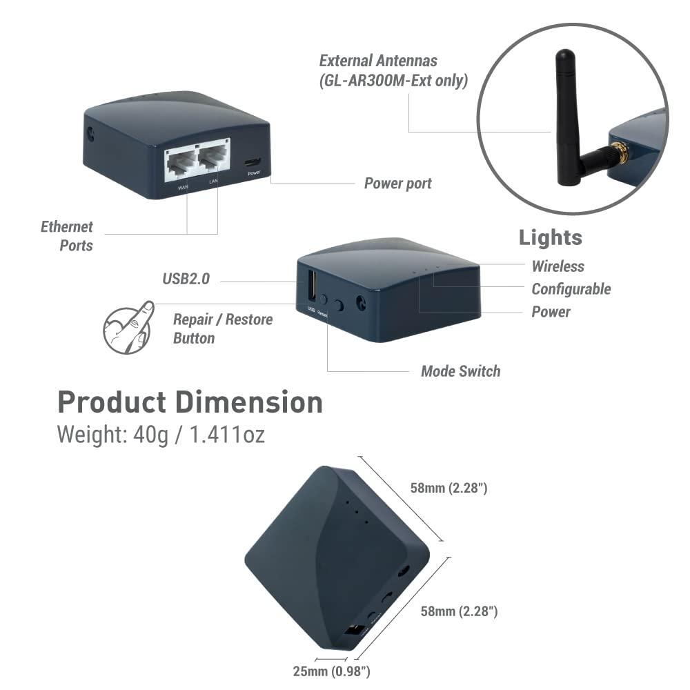 GL.iNet GL-AR300M16-Ext Portable Mini Travel Wireless Pocket Router - WiFi Router | OpenWrt | 2 x Ethernet Ports | OpenVPN/Wireguard VPN for Public & Hotel Wi-Fi | USB 2.0 Port | 2 x External Antennas