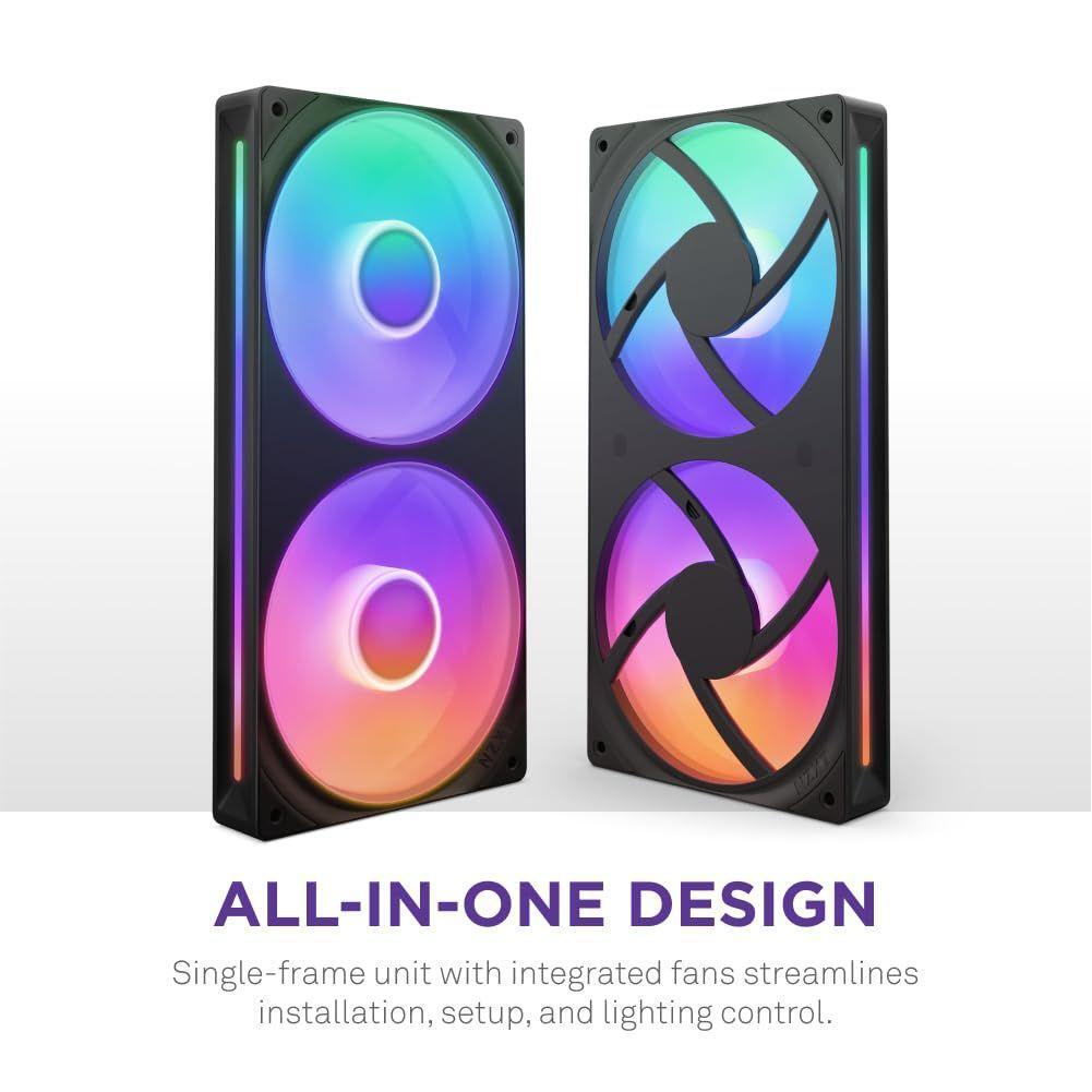 NZXT F240 RGB Core - 240mm Single-Frame Fan Unit with 2 x 120mm RGB Fans - Speed & Lighting Control - High Static Pressure & Airflow - Fluid Dynamic Bearings - 8 aRGB LEDs Per Fan - Black