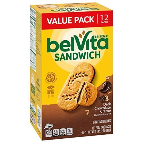 belVita Breakfast Sandwich Dark Chocolate Creme Breakfast Biscuits, Value Pack, 12 Packs (2 Sandwiches Per Pack)