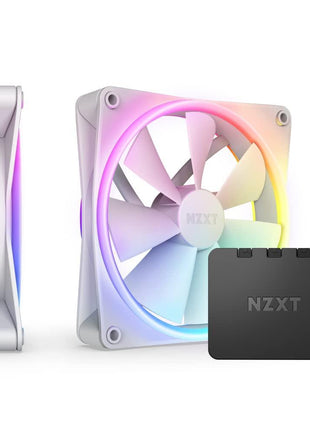 NZXT F140 RGB Duo Twin Pack - 2X 140mm RGB Fans + Hub - White | Two 140mm dual-sided RGB fans with controller. 20 addressable LEDs each, balanced performance, CAM-synced RGB.