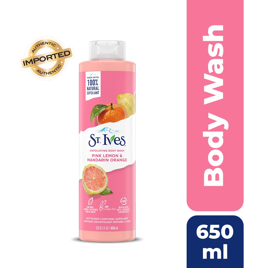 St. Ives Exfoliating Body Wash| Pink Lemon & Mandarin Orange extracts |Shower gel For Women|100% Natural Extracts | Cruelty Free | Paraben Free |650ml, Transparent