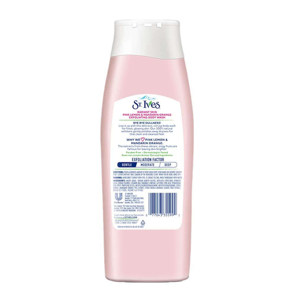 St. Ives Exfoliating Body Wash & Shower Gel for Women with Pink Lemon & Mandarin Orange, Gives Radiant & Polished Skin, Mild Cleanser moisturising Liquid Body Wash with 100% Natural Extracts, Paraben-Free Bath Gel, Dermatologically Tested, 400ml