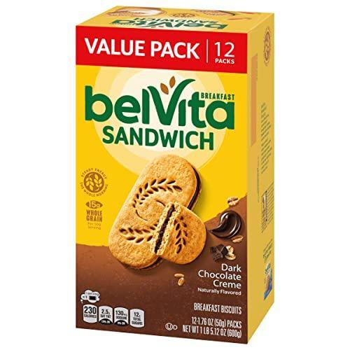 belVita Breakfast Sandwich Dark Chocolate Creme Breakfast Biscuits, Value Pack, 12 Packs (2 Sandwiches Per Pack)