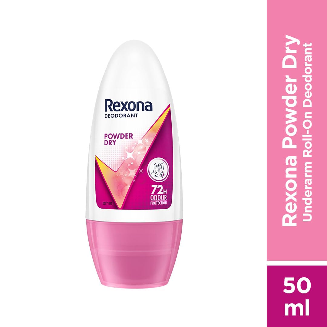 Rexona Powder Dry Underarm Roll On Deodorant For Women, Antiperspirant, Removes Odour, Keeps Skin Fresh & Clean, Alcohol Free, Skin Friendly, 50ml