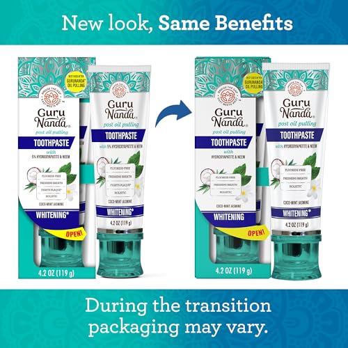GuruNanda Hydroxyapatite Toothpaste, SLS & Fluoride Free, Whitening Toothpaste - Freshens Breath, Fights Plaque - Natural CocoMint Jasmine Neem, 4.2oz