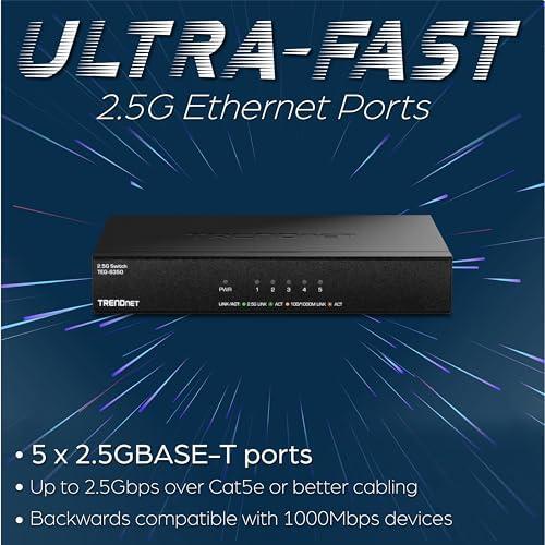 TRENDnet 5-Port Unmanaged 2.5G Gaming Switch, TEG-S350, 5 x 2.5GBASE-T Ports, 25Gbps Switching Capacity, Ethernet Splitter, NDAA & TAA Compliant, Fanless, Wall Mountable, Lifetime Protection, Black
