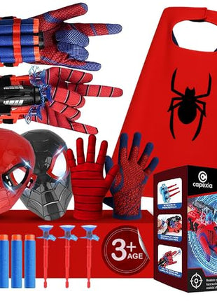 Superhero Web-Slinging Toy Set ??7-in-1 Superhero Set Includes 2 Web Shooters, 2 Hero Masks, 2 Gloves, and 1 Cape ??Ideal for Indoor and Outdoor Costume Role-Playing, Imaginative Play for Kids Ages 3+