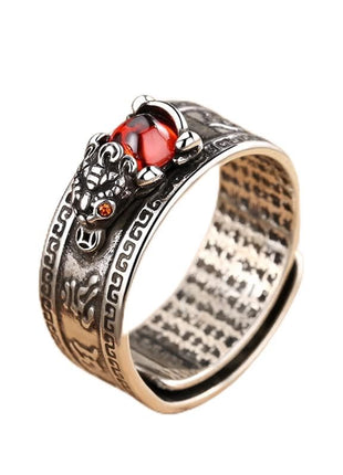 Sdouefos Feng Shui Pixiu Mantra Amulet Lucky Adjustable Ring Buddhist Good Luck Mantra Double Protection Wealth Health Ring Garnet Vintage Thai Silver Red Pigeon Ring