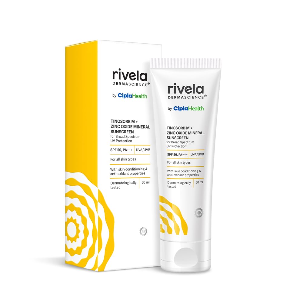 Rivela Dermascience By Cipla SPF 50, PA+++ Mineral Sunscreen Lotion With Tinosorb M, No White Cast, UVA/UVB Protection For Normal to Dry Skin, 50ml