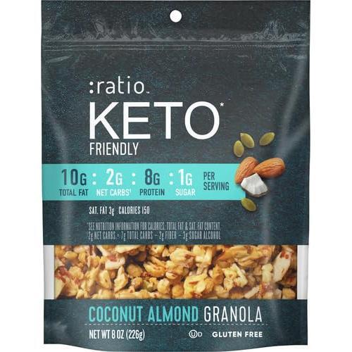 Ratio Trio Coconut Almond Granola Cereal, 1g Sugar, Keto Friendly, 8 oz Resealable Bag