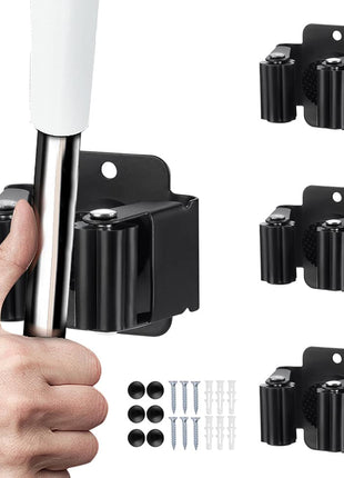 JAMEND CLXP 3PCS Broom and Mop Holder, Heavy Duty Garden Tool Organizer Rack Rake and Shovel Handle, Stainless Steel Mop Hanger. Wall Mounted Utility Rack with Screws, Matte Black